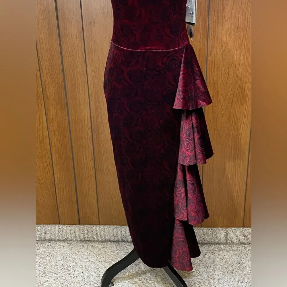 Chiara Boni Velvet Rose-Print Midi-Dress size 6